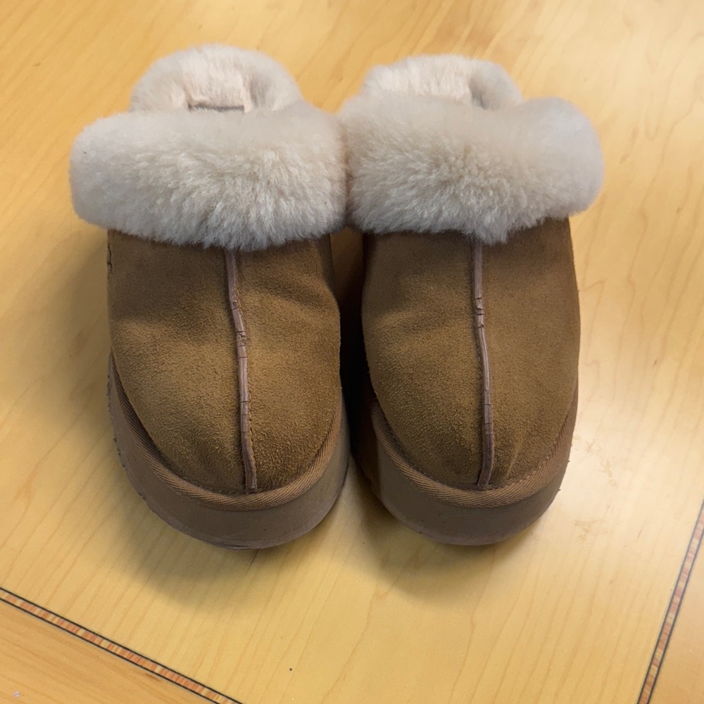 UGG Chestnut Suede Clog Slippers with Cream Shearling Collar